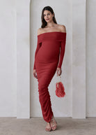 the off the shoulder soft mesh maternity dress in red