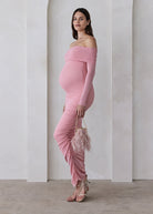 bumpsuit off the shoulder soft mesh maternity maxi dress in dusty pink