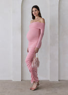 bumpsuit off the shoulder soft mesh maternity maxi dress in dusty pink