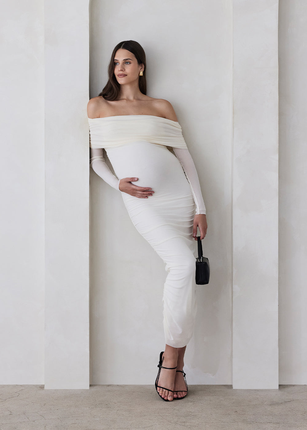 bumpsuit off the shoulder soft mesh maternity maxi dress in ivory