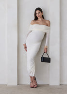 bumpsuit off the shoulder soft mesh maternity maxi dress in ivory