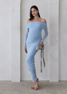 bumpsuit off the shoulder soft mesh maternity maxi dress in powder blue