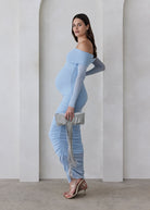 bumpsuit off the shoulder soft mesh maternity maxi dress in powder blue