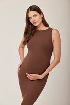 Bumpsuit Maternity Sculpting Rib Boat Neck Midi Dress in Brown