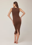 Bumpsuit Maternity Sculpting Rib Boat Neck Midi Dress in Brown