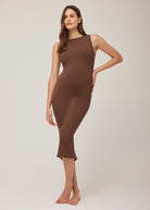 Bumpsuit Maternity Sculpting Rib Boat Neck Midi Dress in Brown