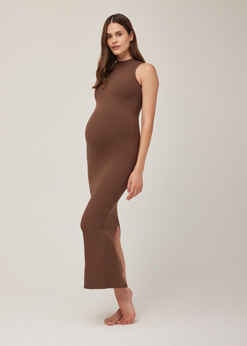 Sculpting Rib Maternity Mockneck Dress in Brown