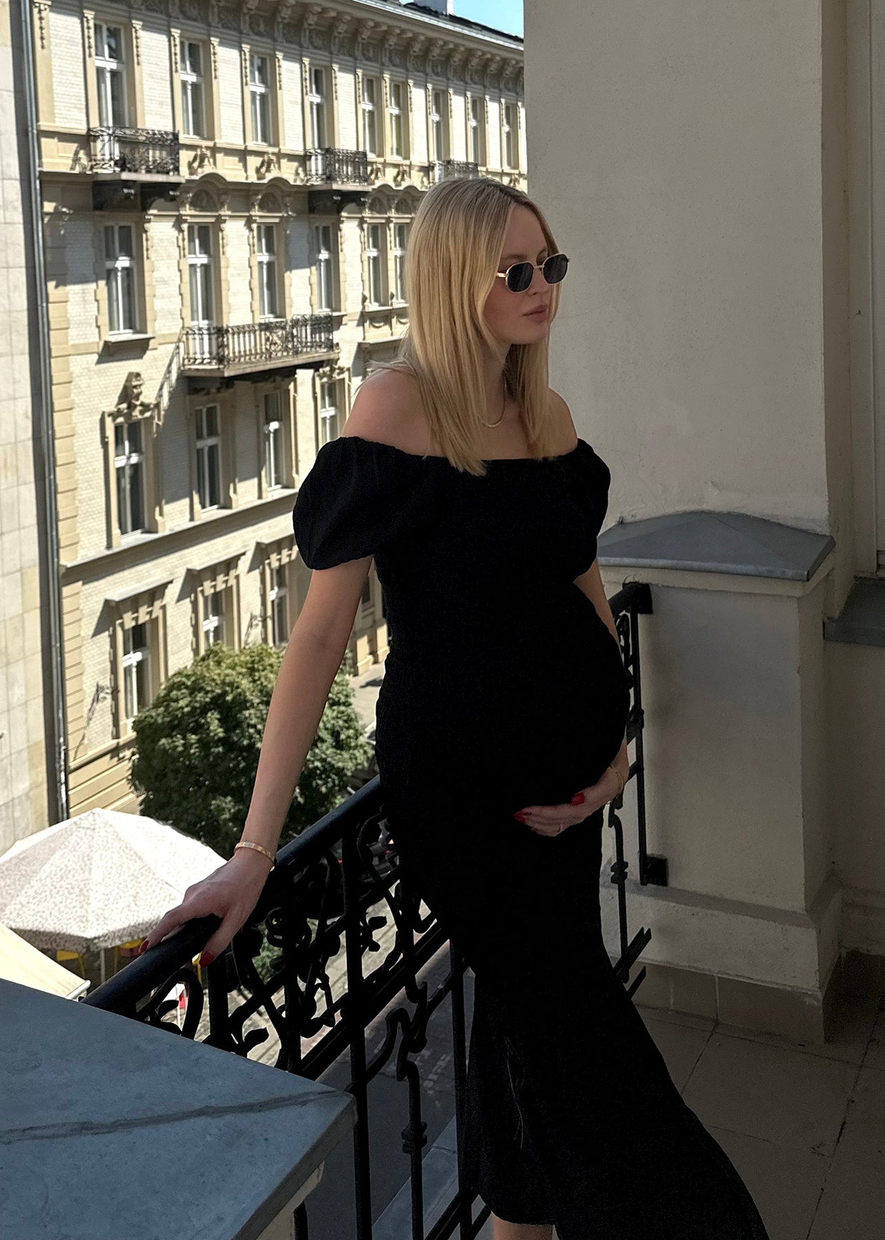 Bumpsuit Maternity Vacation Collection feat. Georgia Fowler the Shirred Puff Sleeve Dress in Black