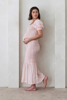 Bumpsuit Maternity Vacation Collection feat. Georgia Fowler the Shirred Puff Sleeve Dress in Pink