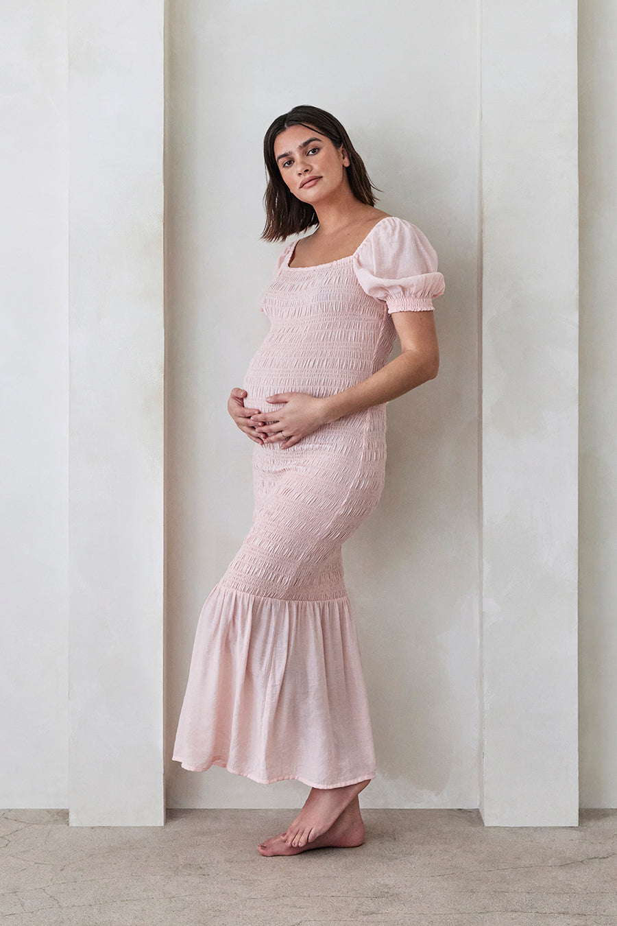 Bumpsuit Maternity Vacation Collection feat. Georgia Fowler the Shirred Puff Sleeve Dress in Pink