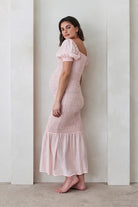 Bumpsuit Maternity Vacation Collection feat. Georgia Fowler the Shirred Puff Sleeve Dress in Pink