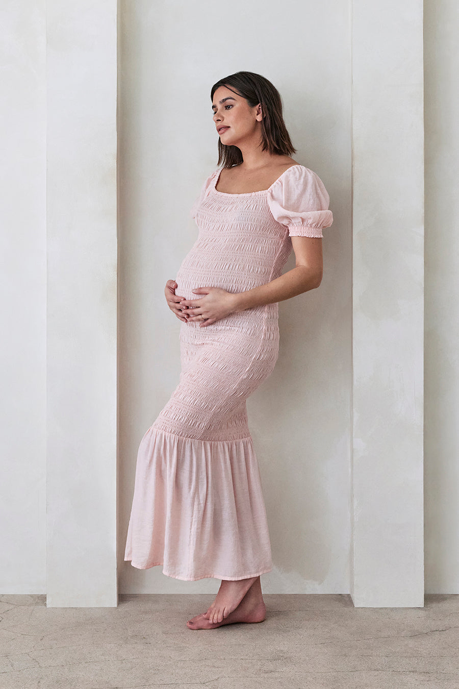 Bumpsuit Maternity Vacation Collection feat. Georgia Fowler the Shirred Puff Sleeve Dress in Pink