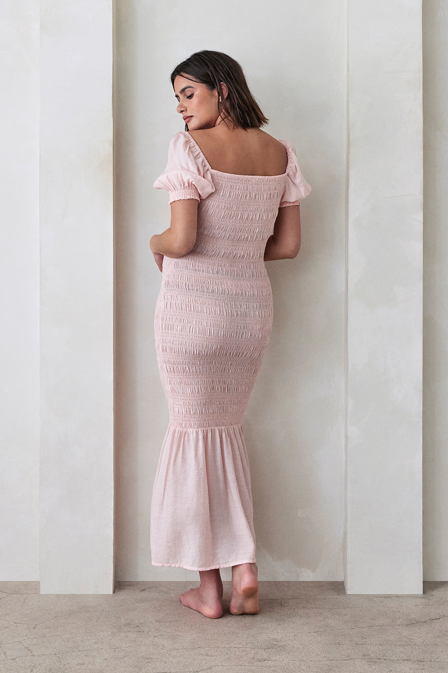 Bumpsuit Maternity Vacation Collection feat. Georgia Fowler the Shirred Puff Sleeve Dress in Pink