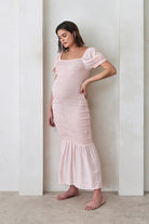 Bumpsuit Maternity Vacation Collection feat. Georgia Fowler the Shirred Puff Sleeve Dress in Pink