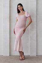 Bumpsuit Maternity Vacation Collection feat. Georgia Fowler the Shirred Puff Sleeve Dress in Pink