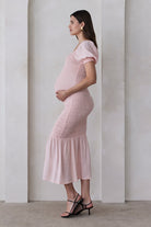 Bumpsuit Maternity Vacation Collection feat. Georgia Fowler the Shirred Puff Sleeve Dress in Pink