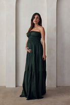 the shirred strapless gown in forest green