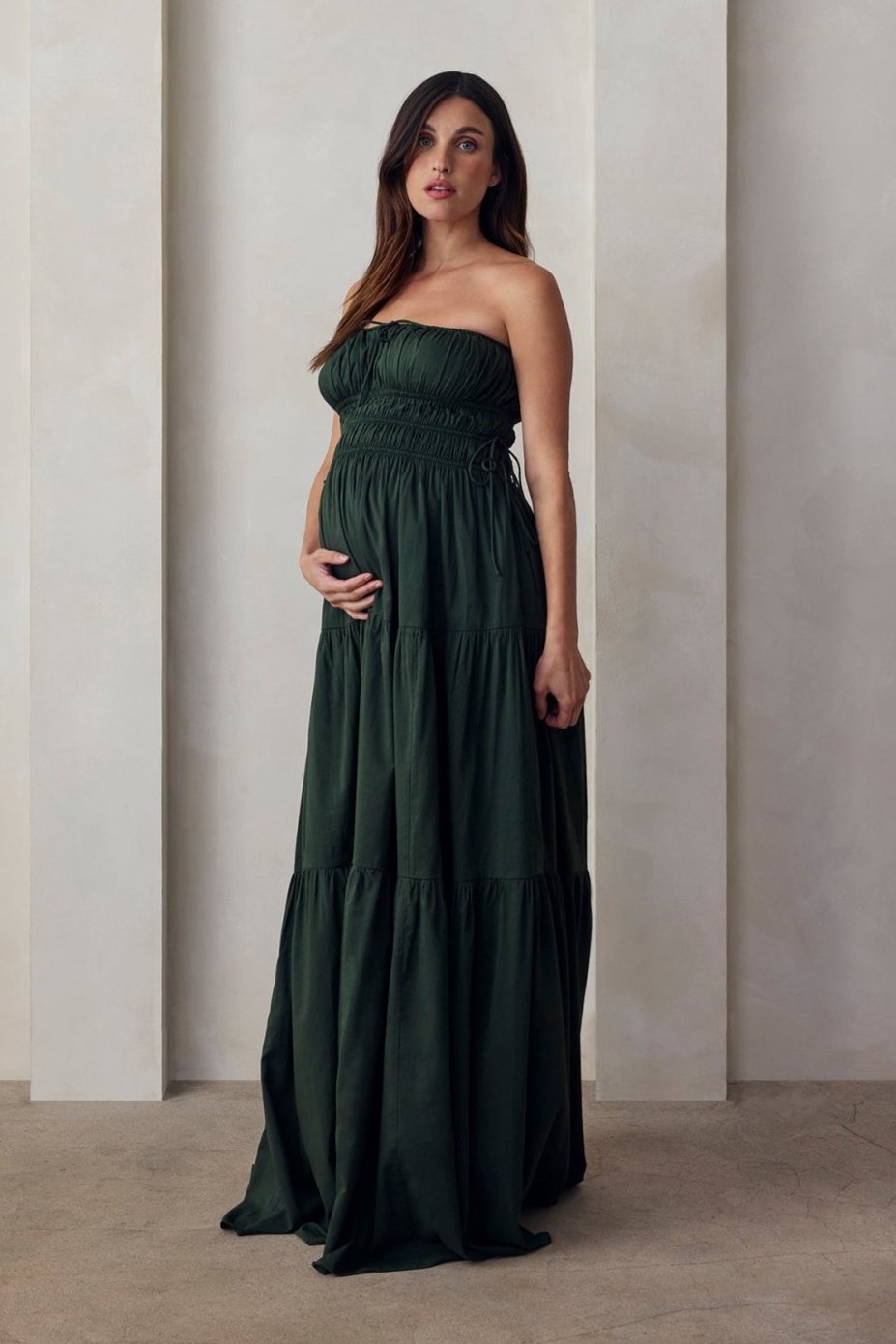 the shirred strapless gown in forest green