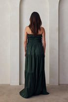 the shirred strapless gown in forest green