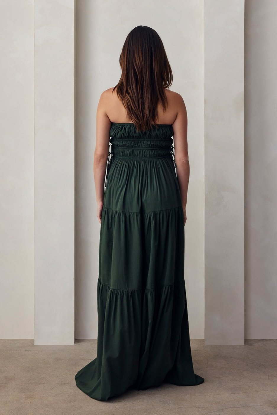 the shirred strapless gown in forest green