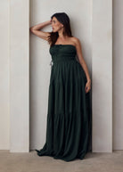 the bumpsuit maternity shirred strapless floor length gown in forest green