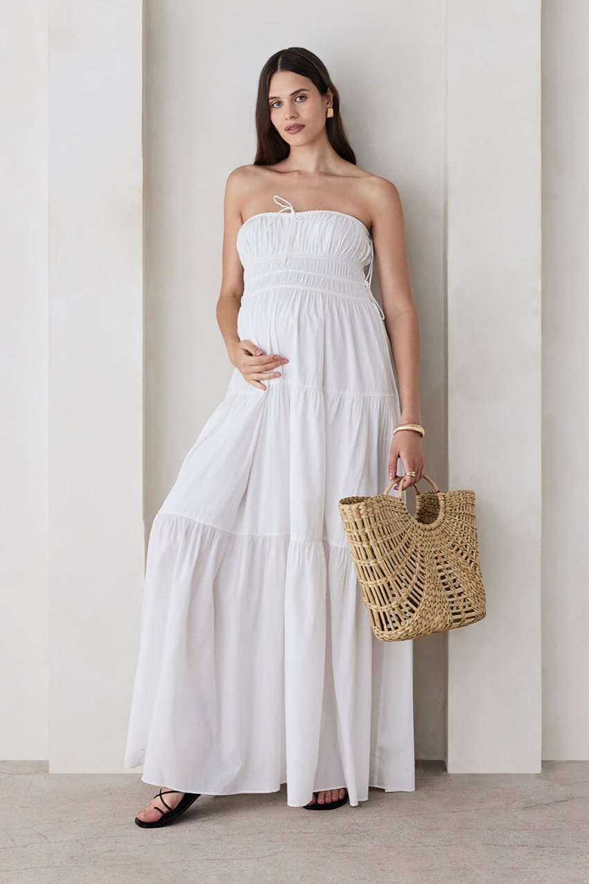 Bumpsuit Maternity Georgia Fowler the shirred strapless gown in white