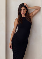 sleeveless ruched airbrush midi dress black