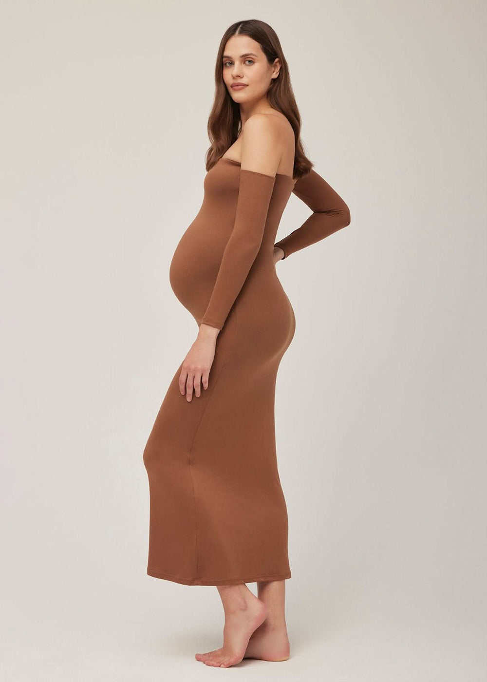 the angelina maternity off the shoulder maxi dress in mocha