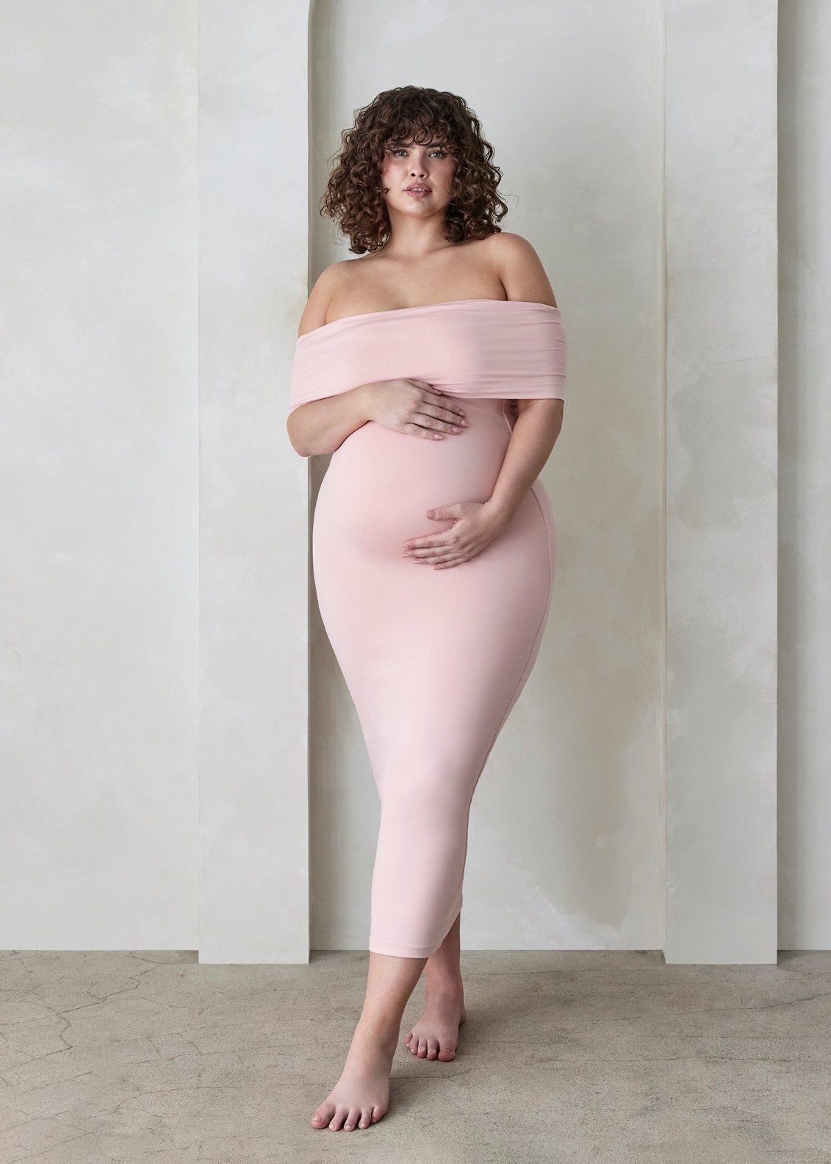 The Bumpsuit Maternity The Bianca Off Shoulder Maxi Dress in Dusty Pink