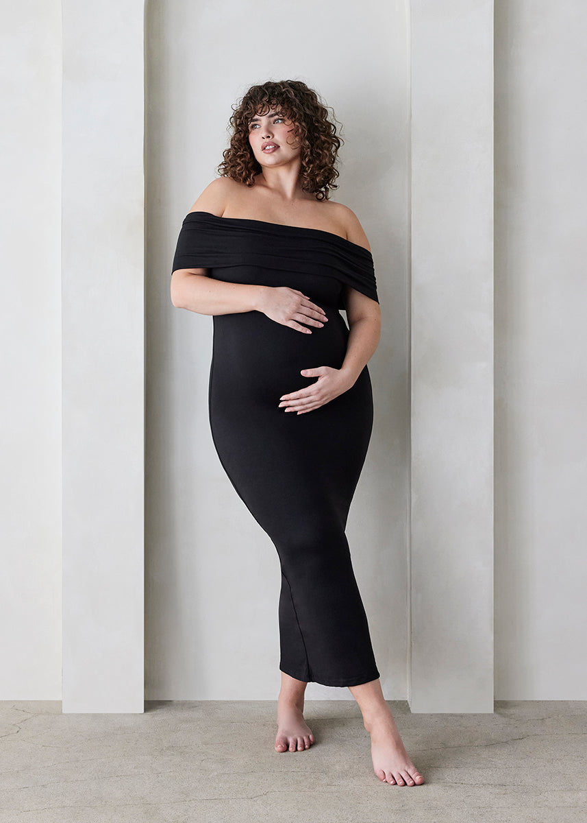 Bumpsuit Maternity The Bianca Off The Shoulder Evening Dress in Black