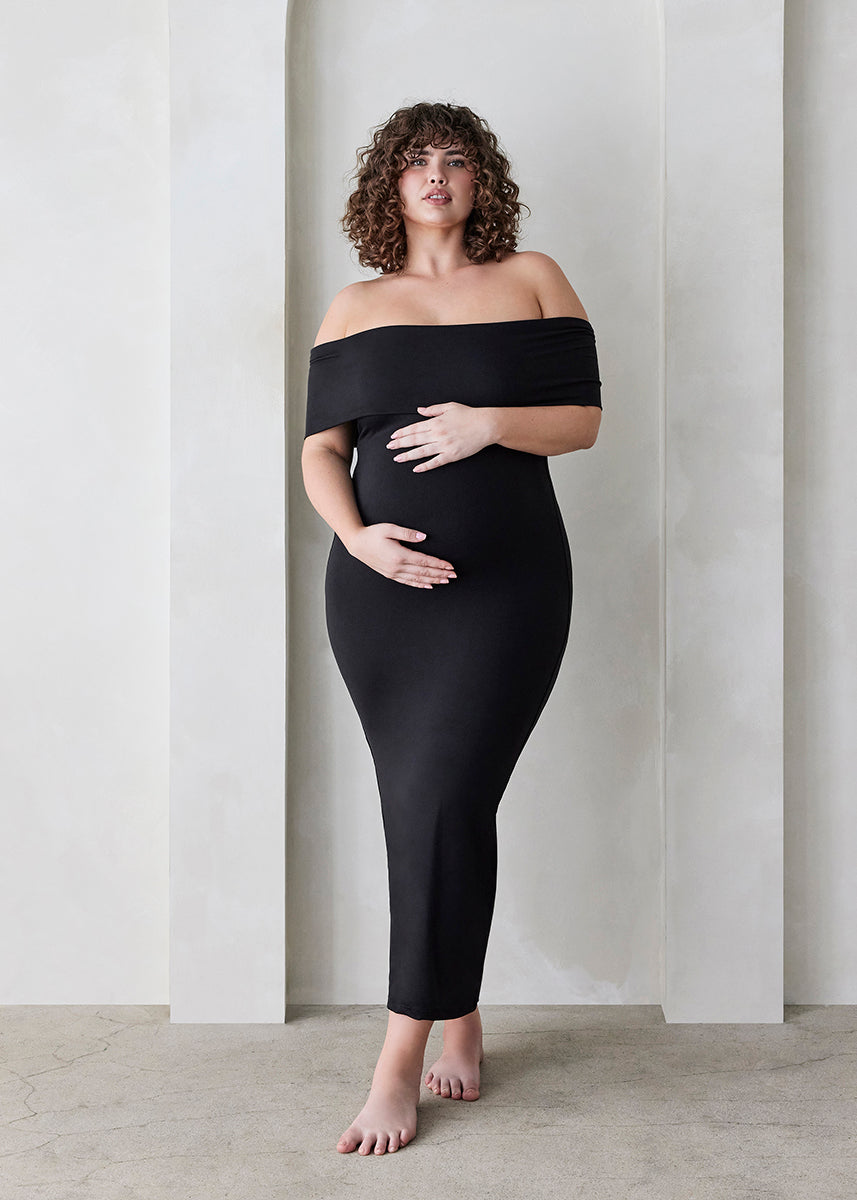 Bumpsuit Maternity The Bianca Off The Shoulder Evening Dress in Black