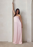 the brushed satin strapless maxi maternity gown in dusty pink