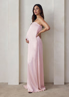 the brushed satin strapless maxi maternity gown in dusty pink