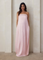 the brushed satin strapless maxi maternity gown in dusty pink