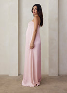 the brushed satin strapless maxi maternity gown in dusty pink