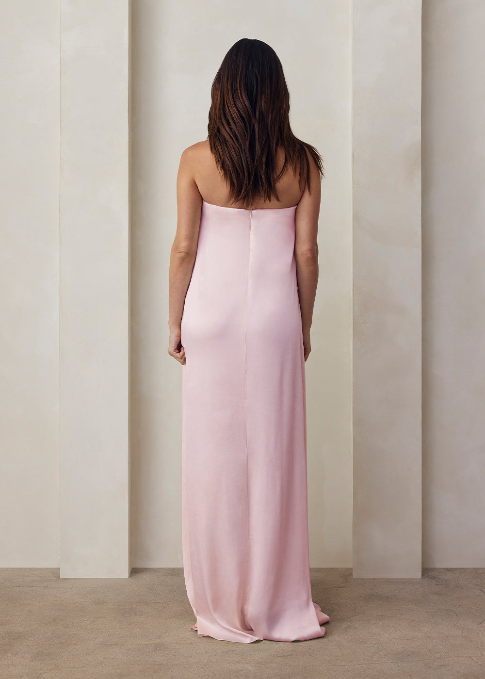 the brushed satin strapless maxi maternity gown in dusty pink