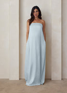 the brushed satin strapless maxi maternity gown in powder blue