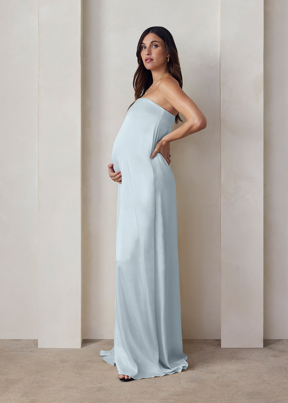 the brushed satin strapless maxi maternity gown in powder blue