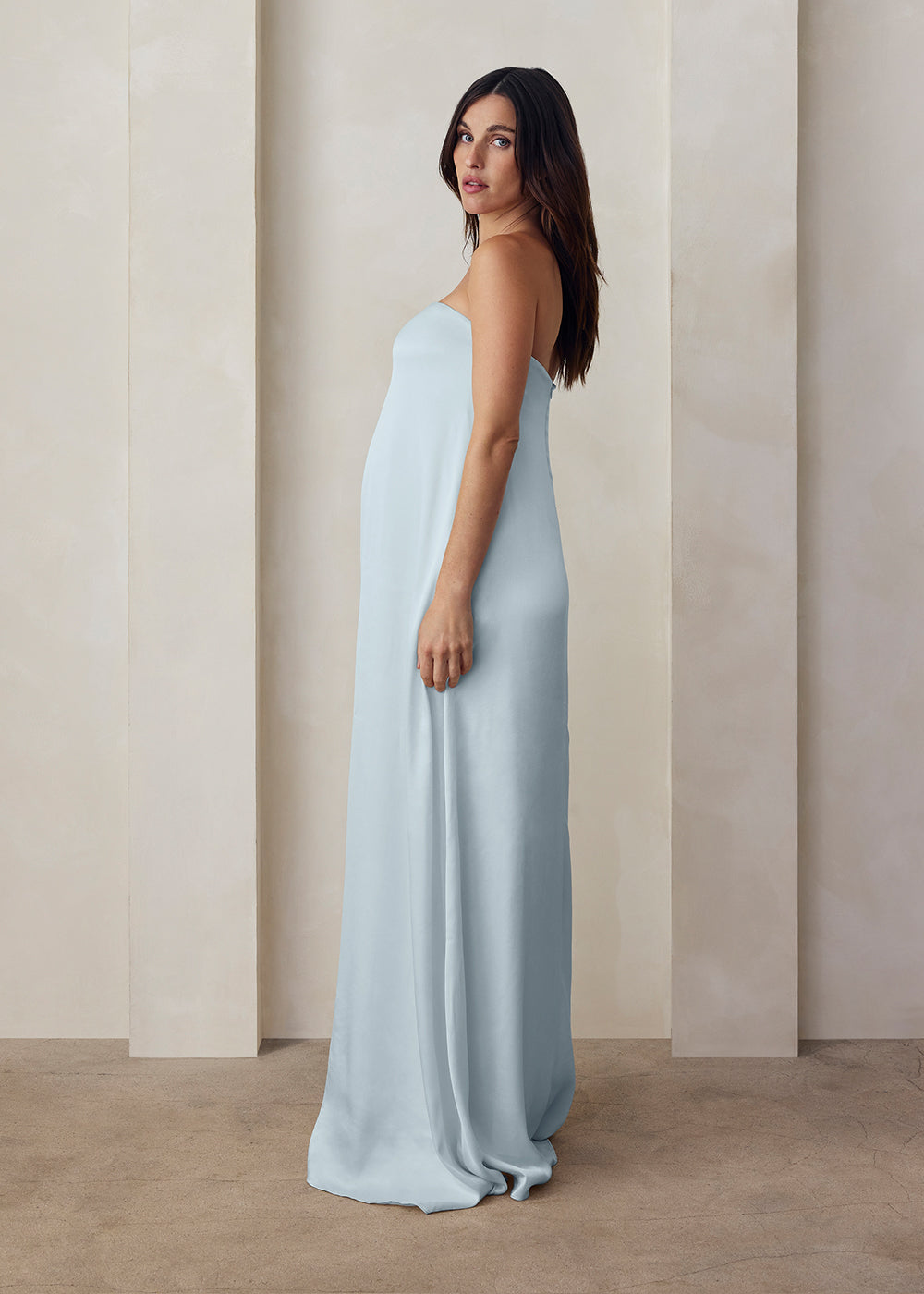 the brushed satin strapless maxi maternity gown in powder blue