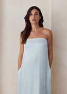 the brushed satin strapless maxi maternity gown in powder blue