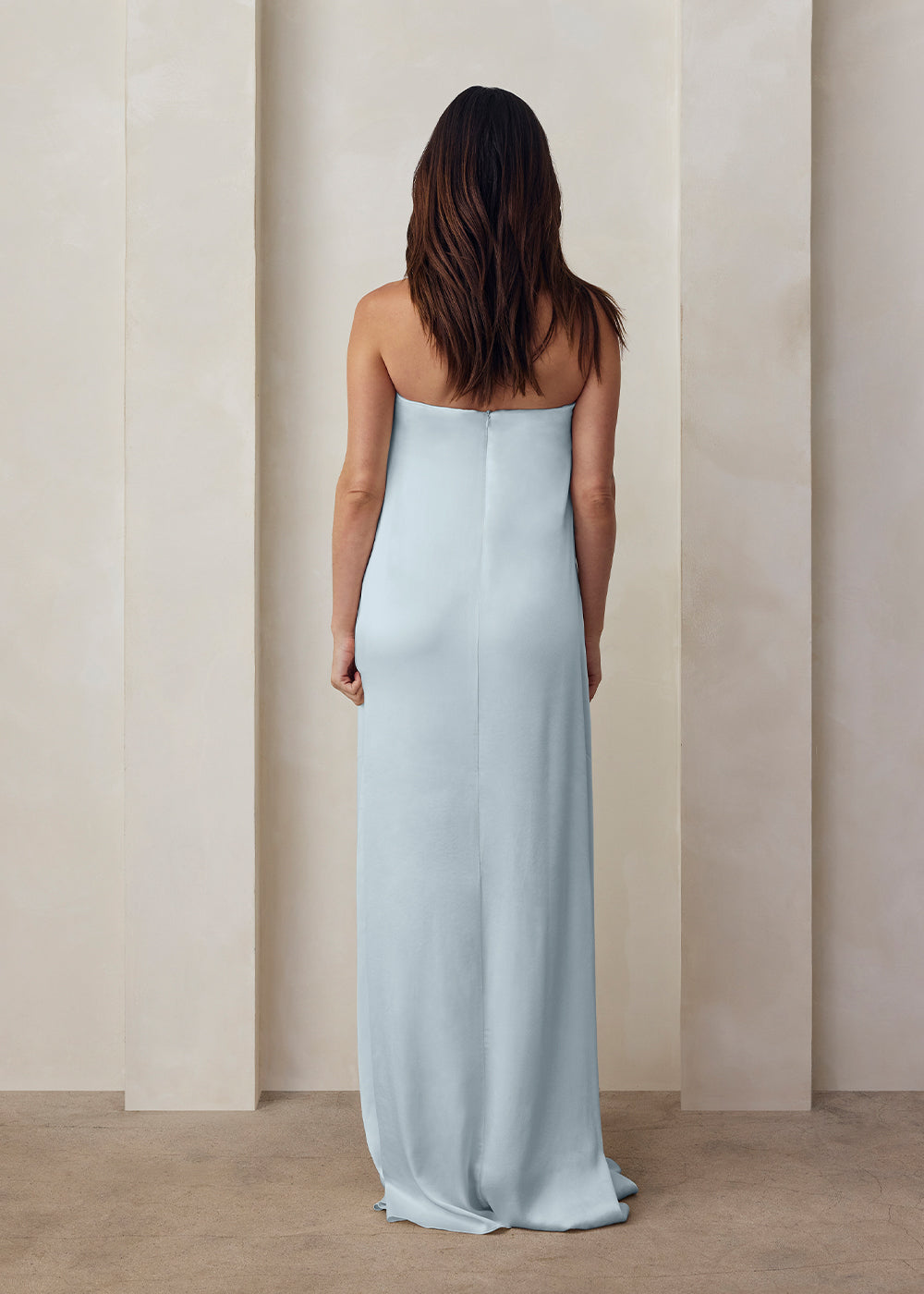 the brushed satin strapless maxi maternity gown in powder blue