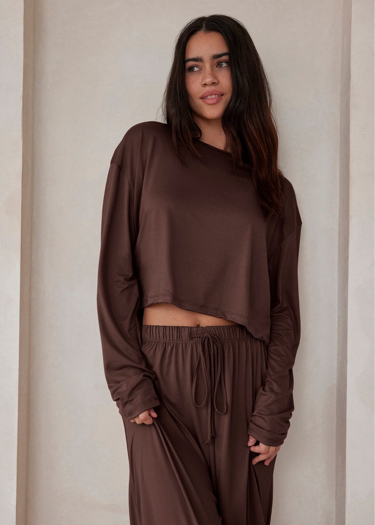 the cloud long sleeve crop tee in chocolate