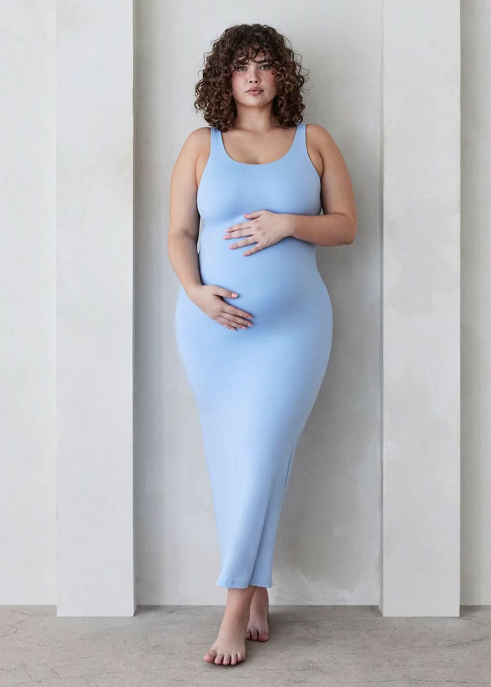 the elle maternity sleeveless scoop neck maxi dress in powder blue