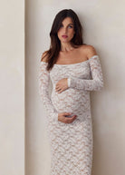 off the shoulder lace maxi dress in ivory