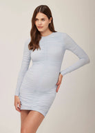 the maternity ruched lightweight airbrush mini dress in powder blue