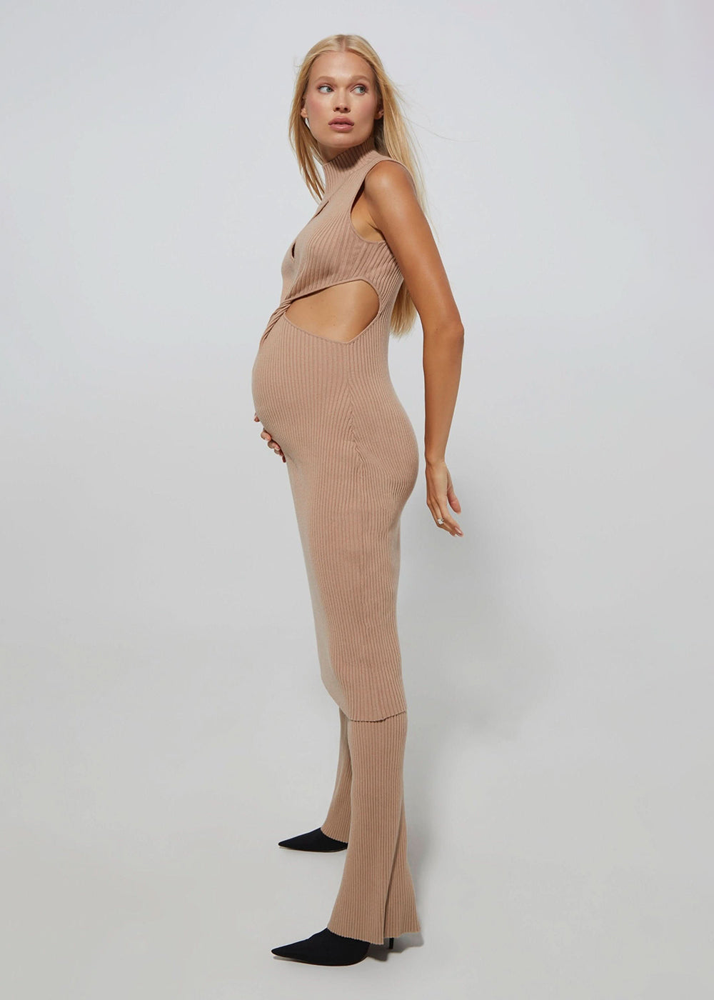 the maternity cozy knit ribbed flare pant in camel