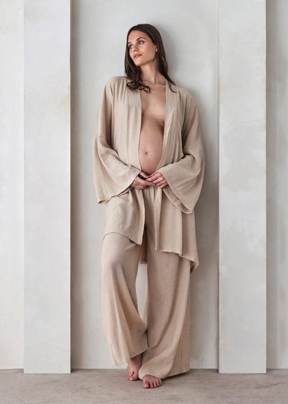 the maternity kimono robe in sand gauze