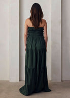 the bumpsuit maternity shirred strapless floor length gown in forest green