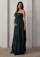 the bumpsuit maternity shirred strapless floor length gown in forest green