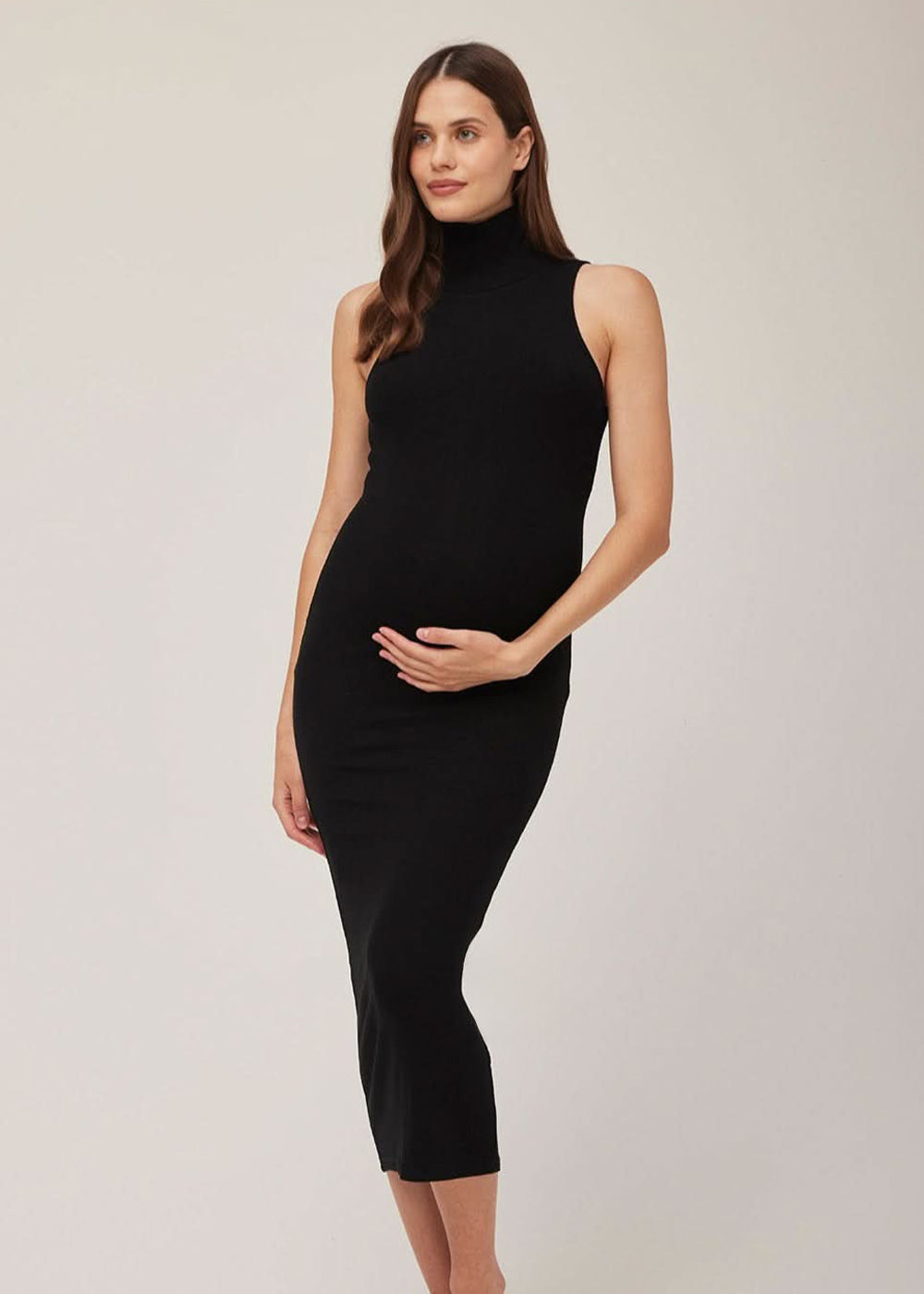 Bumpsuit Maternity Soft Rib Turtleneck Sleeveless Dress in Black